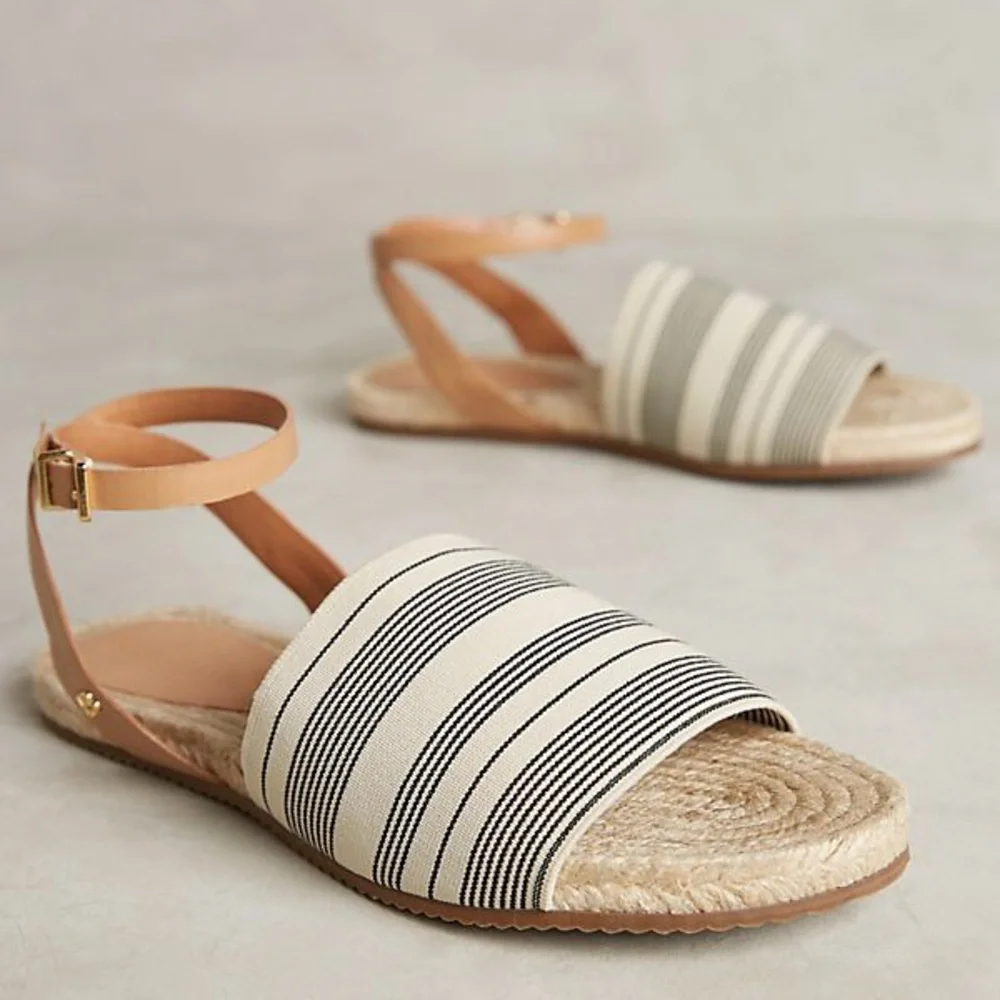 Anthropologie Cream and Black Striped Espadrille Sandals
